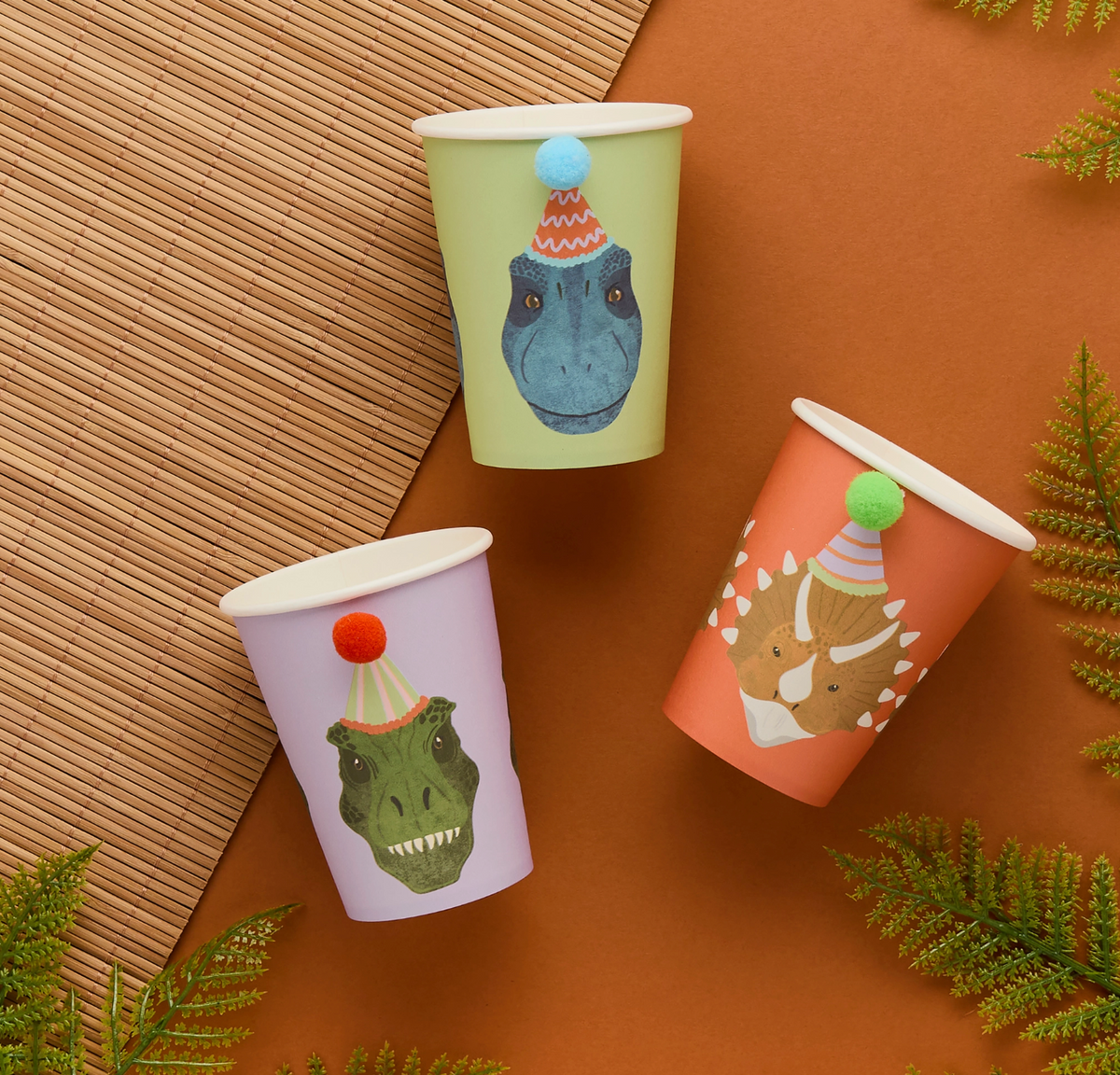 Gobelets en papier pompons Dino - Lot de 6