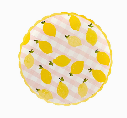 Assiette papier citron et vichy - Lot de 8
