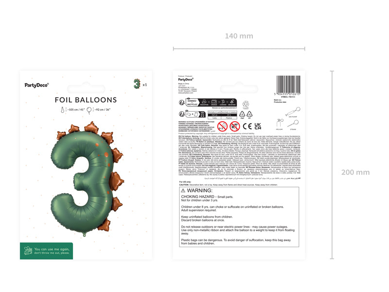 Ballon aluminium Chiffre ''3'' Dinosauree, 92 cm, assorti