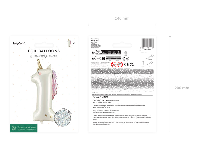 Ballon aluminium chiffre ''1'' Licorne, 93 cm, assorti