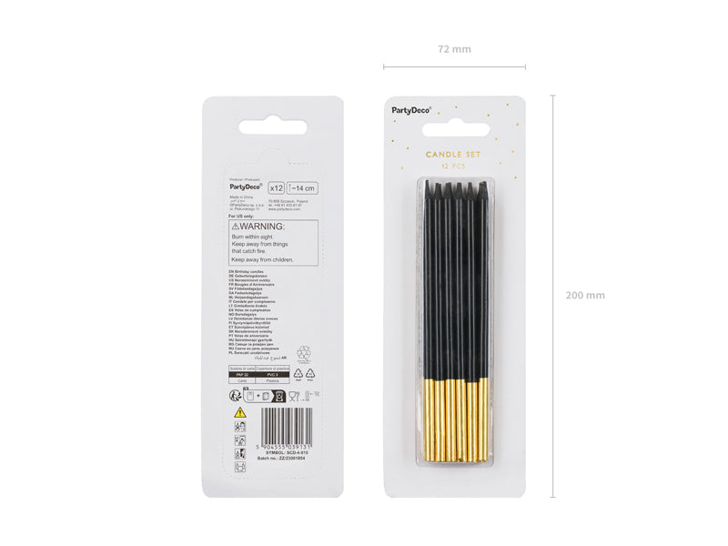 Bougies d'anniversaire, unies, noires, 14cm – lot de 12