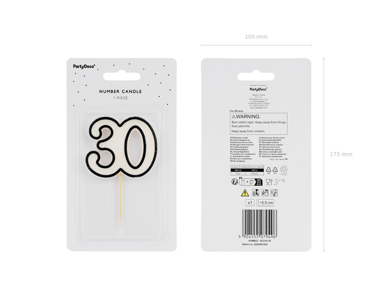 Bougie d'anniversaire numéro 30, 5,5 cm, noir et blanc