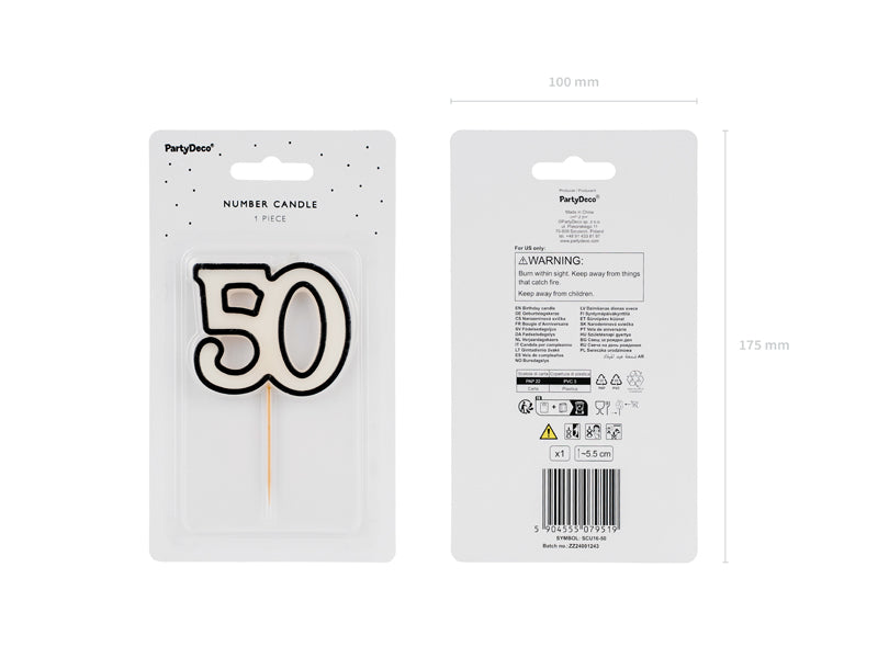 Bougie d'anniversaire numéro 50, 5,5 cm, noir et blanc