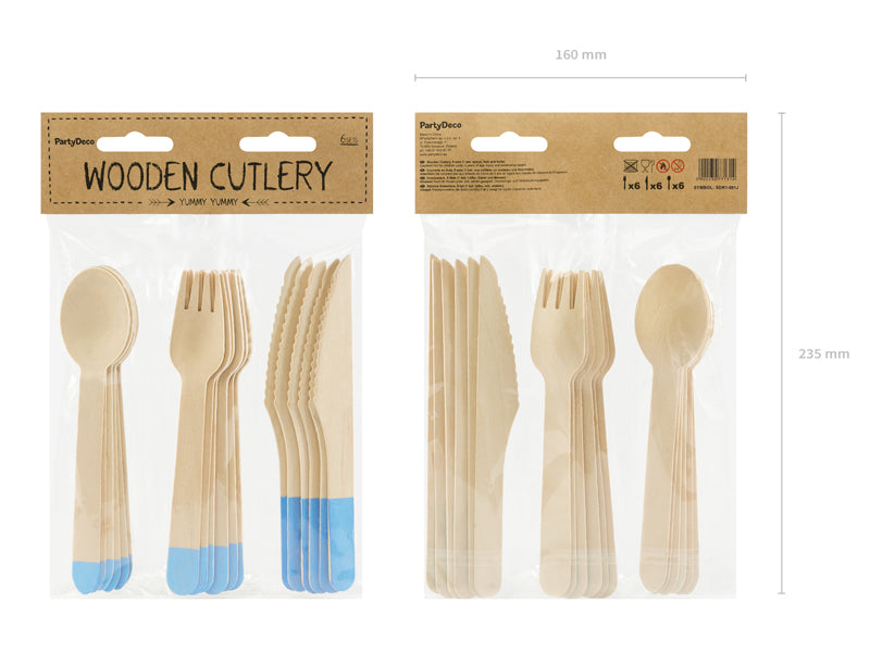 Couverts en bois, bleu clair, 16cm – lot de 18 pièces