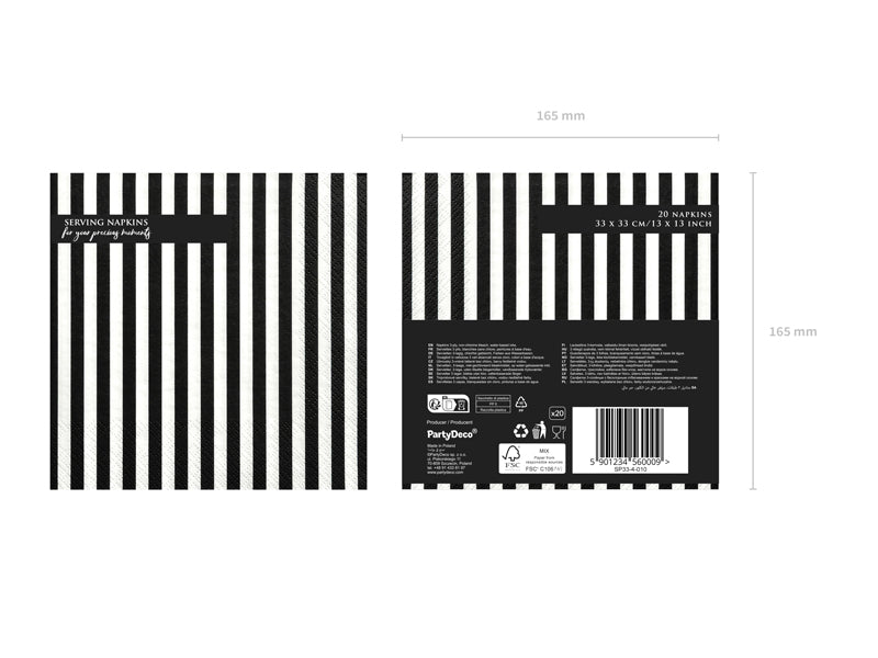 Serviettes à rayures noires, 33 x 33cm – lot de 20