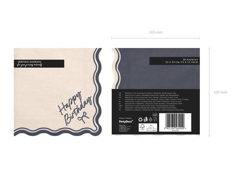 Serviettes Happy Birthday Nœud, 33x33 cm, beige-noir – lot de 12