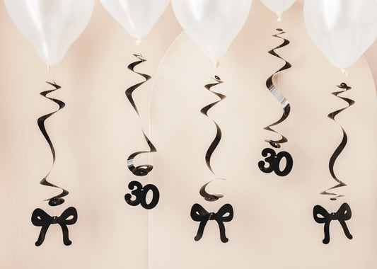 Spirales d'anniversaire pour le 30 ans avec des nœuds, noir, 50 cm – lot de 5
