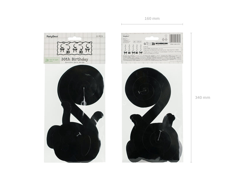 Spirales d'anniversaire pour le 30 ans avec des nœuds, noir, 50 cm – lot de 5