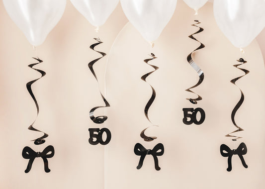 Spirales d'anniversaire pour le 50 ans avec des nœuds, noir, 50 cm – lot de 5