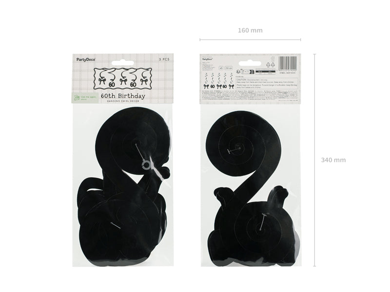 Spirales d'anniversaire pour le 60 ans avec des nœuds, noir, 50 cm – lot de 5