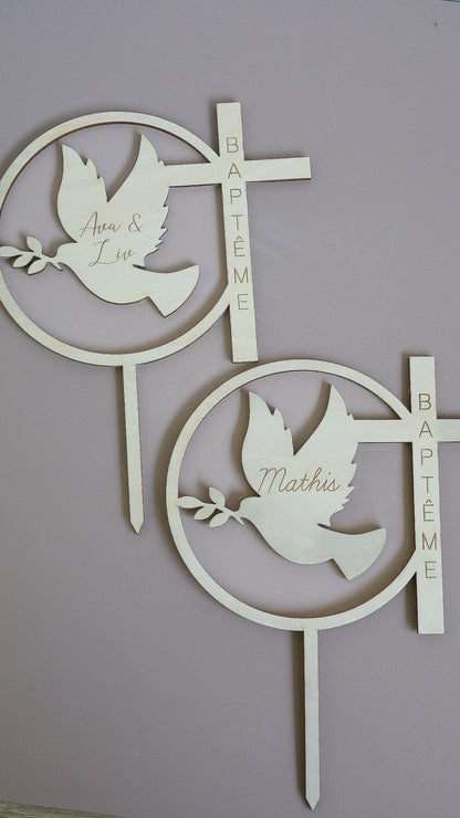Cake topper Baptême - Rond croix colombe