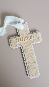 Croix religieuse en bois et acrylique - Décoration baptême