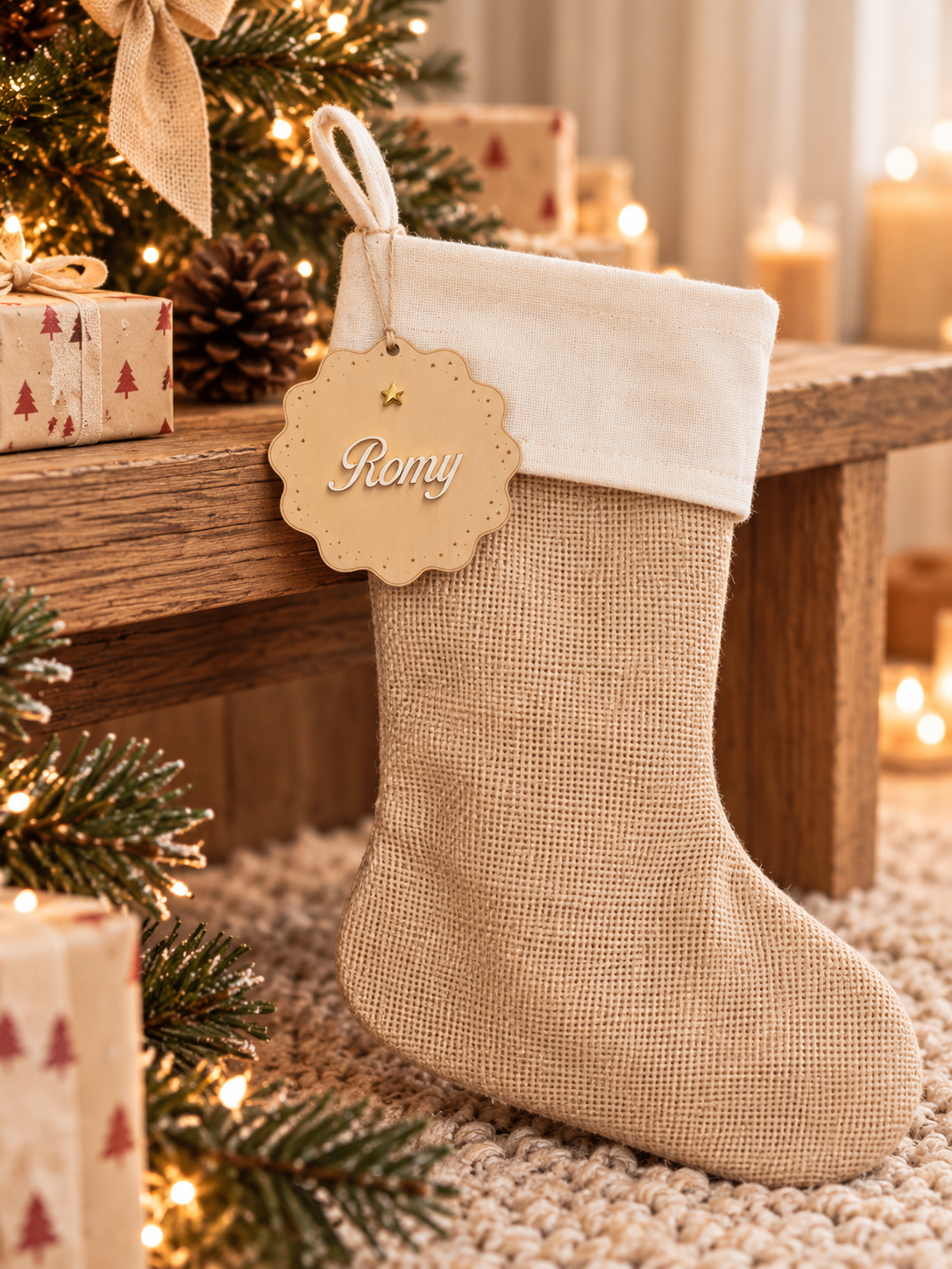 Chaussette en jute + médaillon