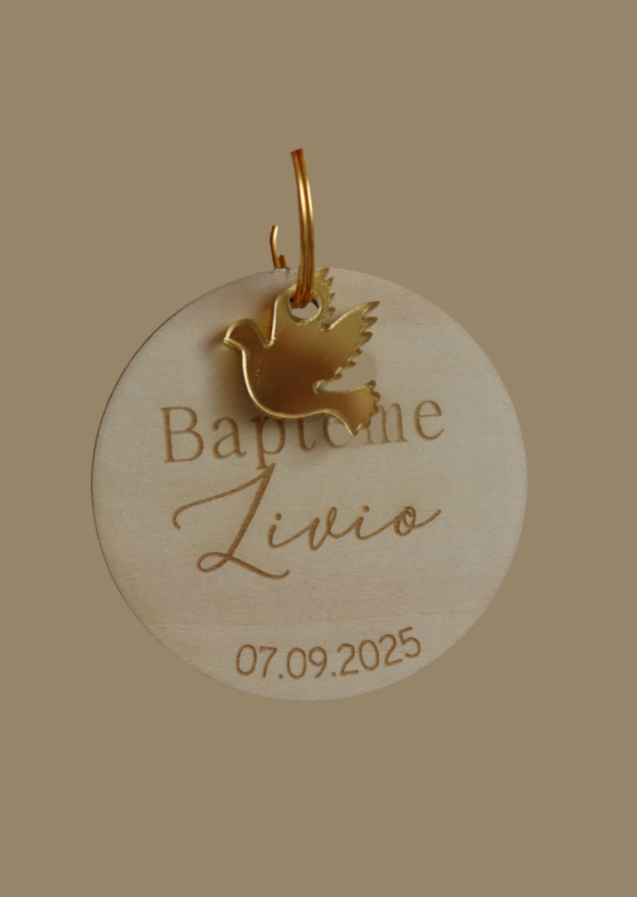 Porte clé Baptême en bois - Forme ronde