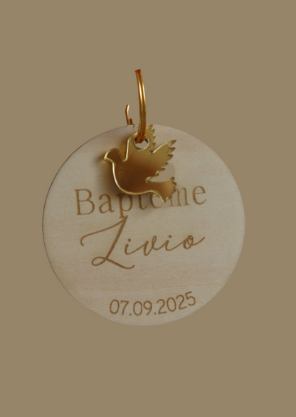 Porte clé Baptême en bois - Forme ronde