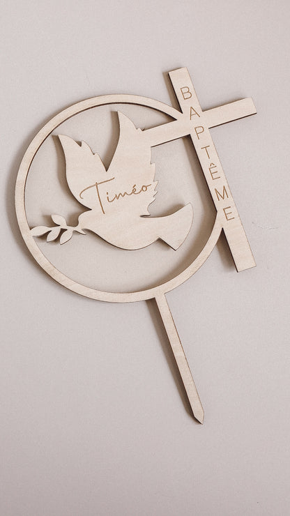 Cake topper Baptême - Rond croix colombe