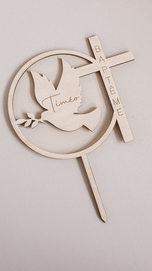Cake topper Baptême - Rond croix colombe