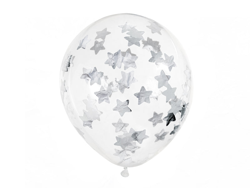 Ballons avec confettis - étoiles, 30 cm, argent – lot de 6 pièces