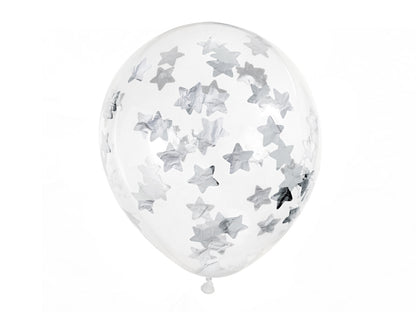 Ballons avec confettis - étoiles, 30 cm, argent – lot de 6 pièces