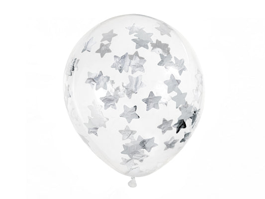 Ballons avec confettis - étoiles, 30 cm, argent – lot de 6 pièces