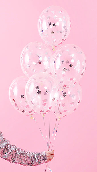 Ballons avec confettis - étoiles, 30 cm, argent – lot de 6 pièces