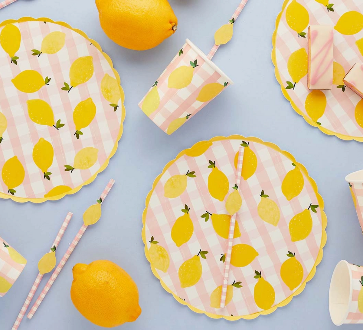 Assiette papier citron et vichy - Lot de 8