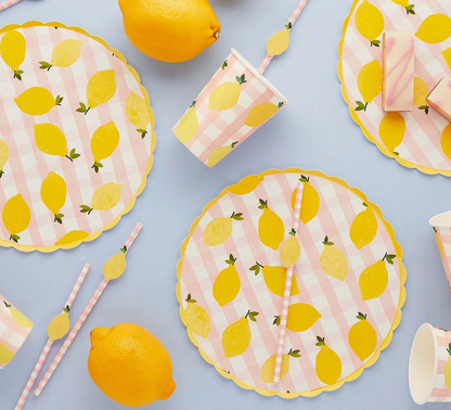 Assiette papier citron et vichy - Lot de 8