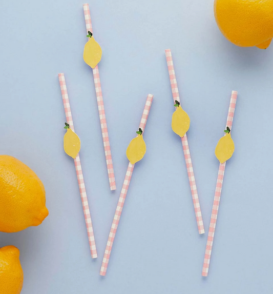 Pailles citron et vichy - Lot de 20