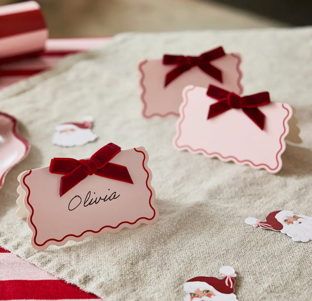 Marque place noeud velours rouge - Lot de 8