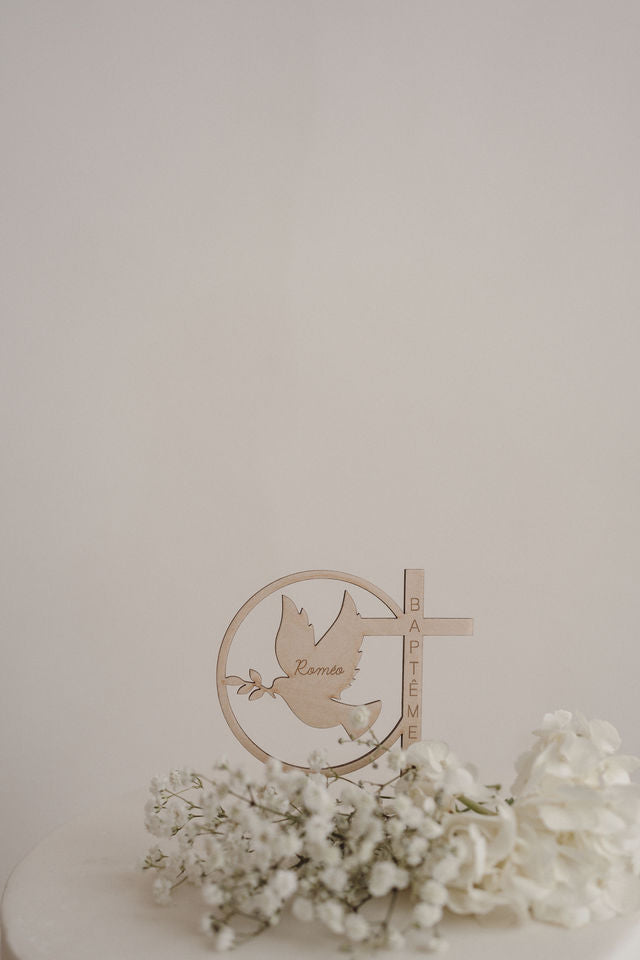 Cake topper Baptême - Rond croix colombe