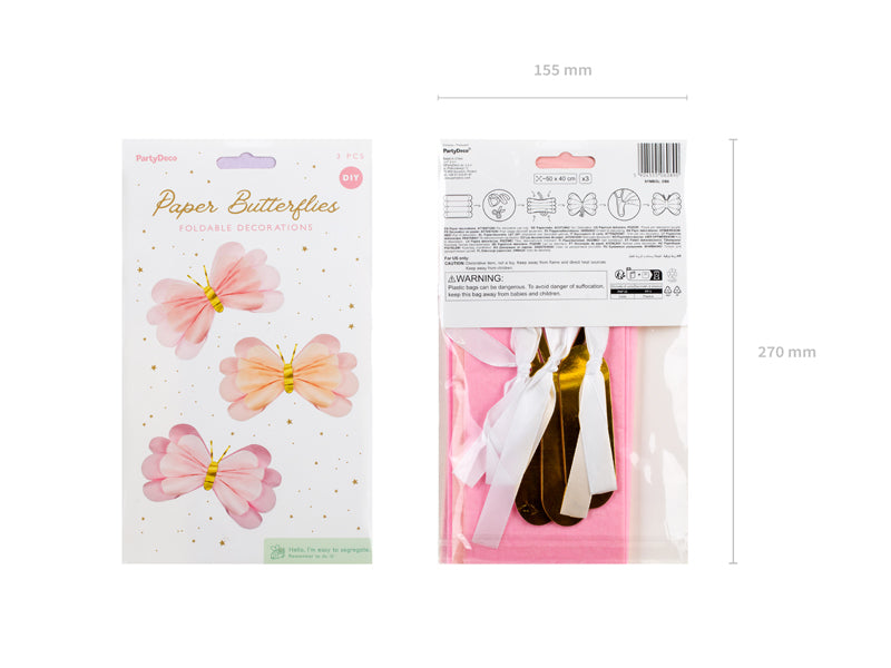 Décorations en papier de soie Papillons, 50-40 cm, mélange – lot de 3 pièces