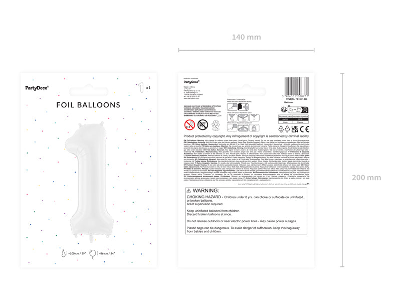 Ballon chiffre aluminium "1", 86 cm, blanc