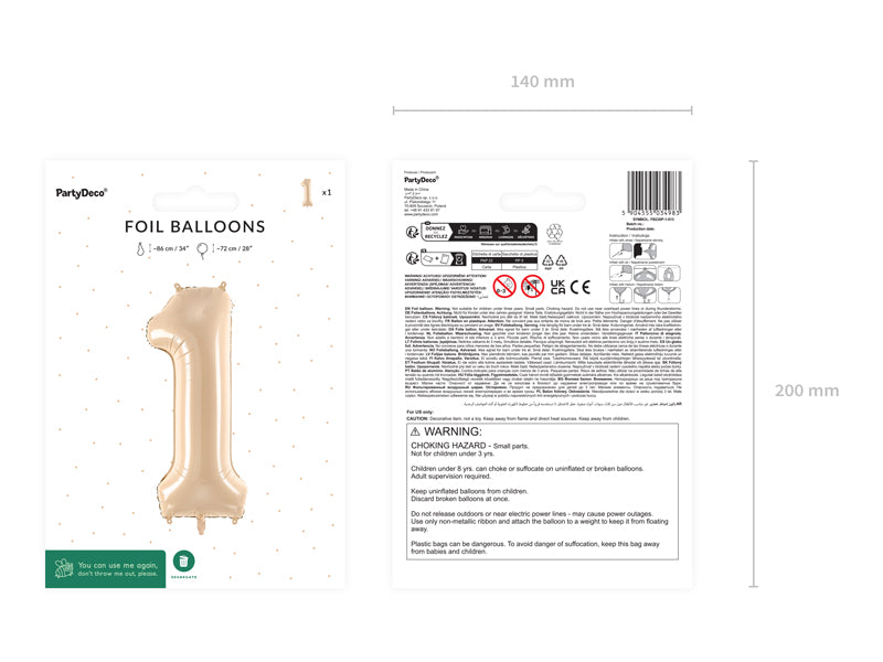 Ballon chiffre aluminium "1", 72cm, beige