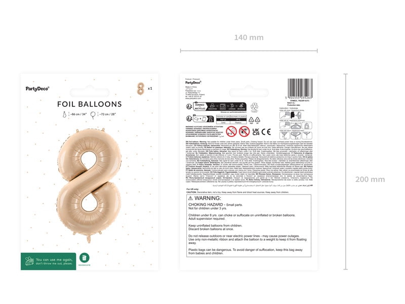 Ballon chiffre aluminium "8", 72cm, beige