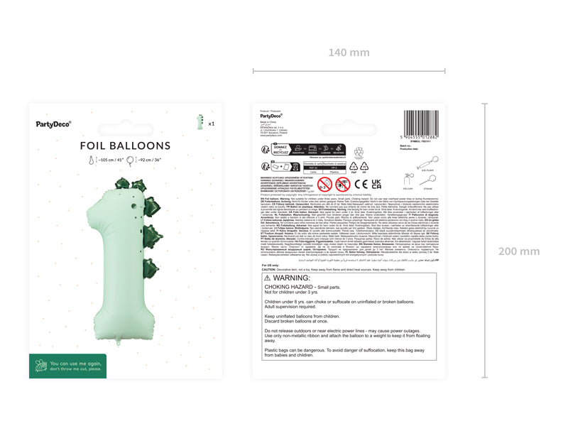 Ballon aluminium Chiffre ''1'' Dinosauree, 92 cm, assorti