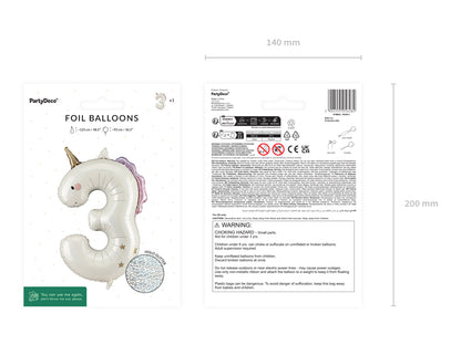Ballon aluminium chiffre ''3'' Licorne, 93 cm, assorti