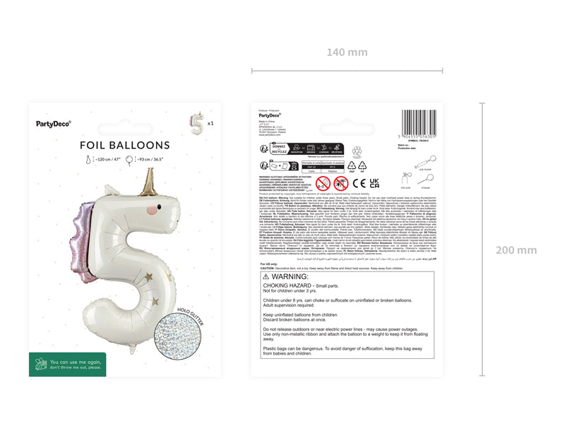 Ballon aluminium chiffre ''5'' Licorne, 93 cm, assorti