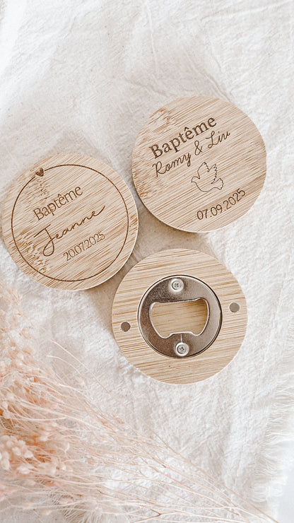 Décapsuleur bois plat magnétique - Baptême