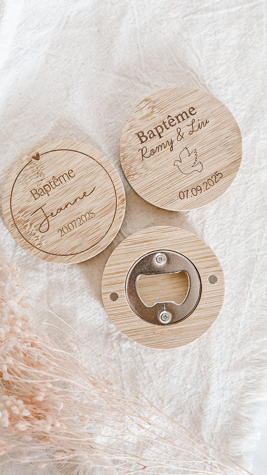 Décapsuleur bois plat magnétique - Baptême