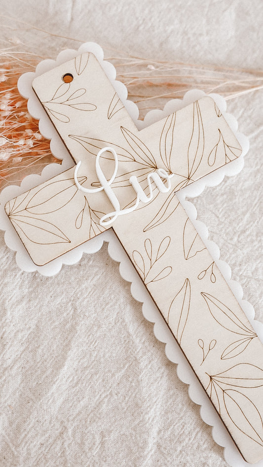 Croix religieuse en bois et acrylique - Décoration baptême