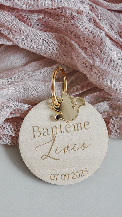 Porte clé Baptême en bois - Forme ronde