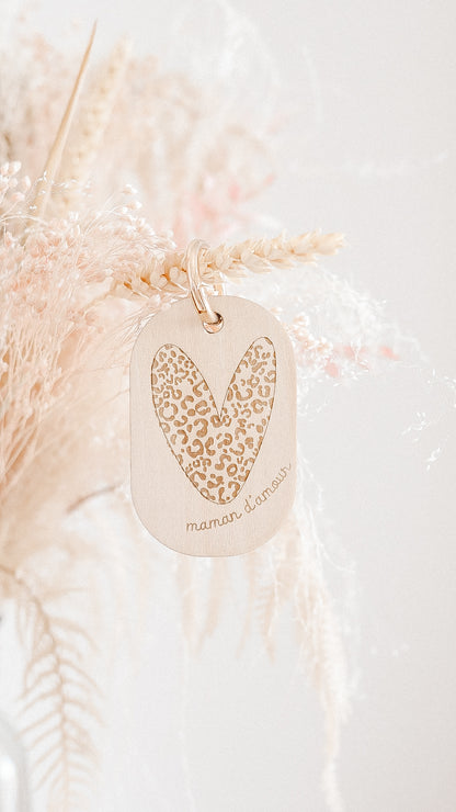 Porte clé " Coeur léopard" - Bois