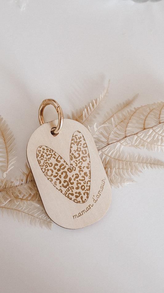 Porte clé " Coeur léopard" - Bois