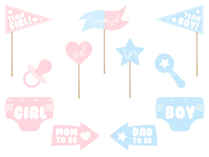 Accessoires photobooth Gender Reveal – Lot de 11