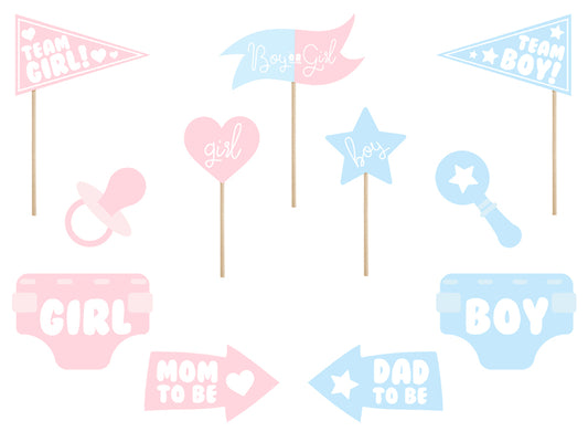 Accessoires photobooth Gender Reveal – Lot de 11