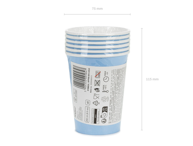Gobelets en papier, bleu clair, 250ml – lot de 6 pièces