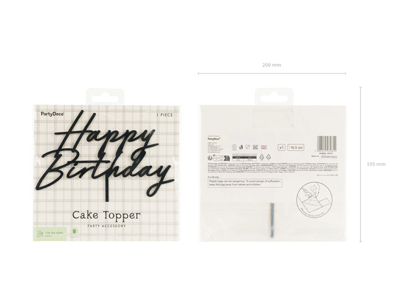 Topper acrylique pour gâteau Happy Birthday, noir, 16,5 cm