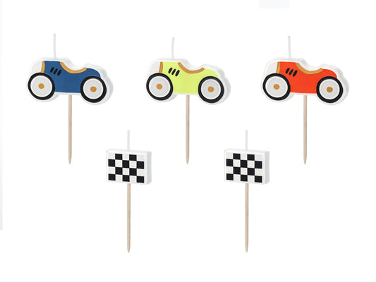 Bougies d'anniversaire voitures de course, 2-3 cm, mix (1 pqt. / 5 pc.)