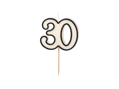 Bougie d'anniversaire numéro 30, 5,5 cm, noir et blanc