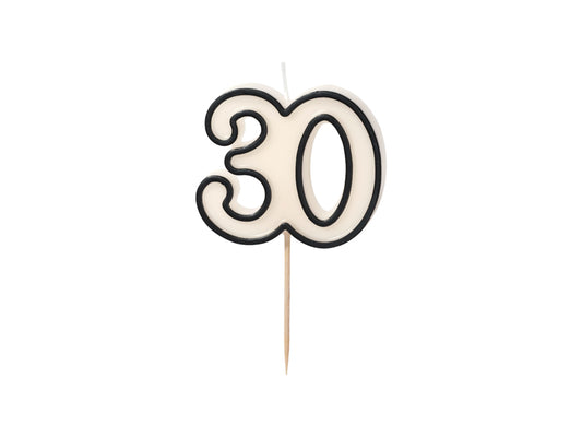 Bougie d'anniversaire numéro 30, 5,5 cm, noir et blanc